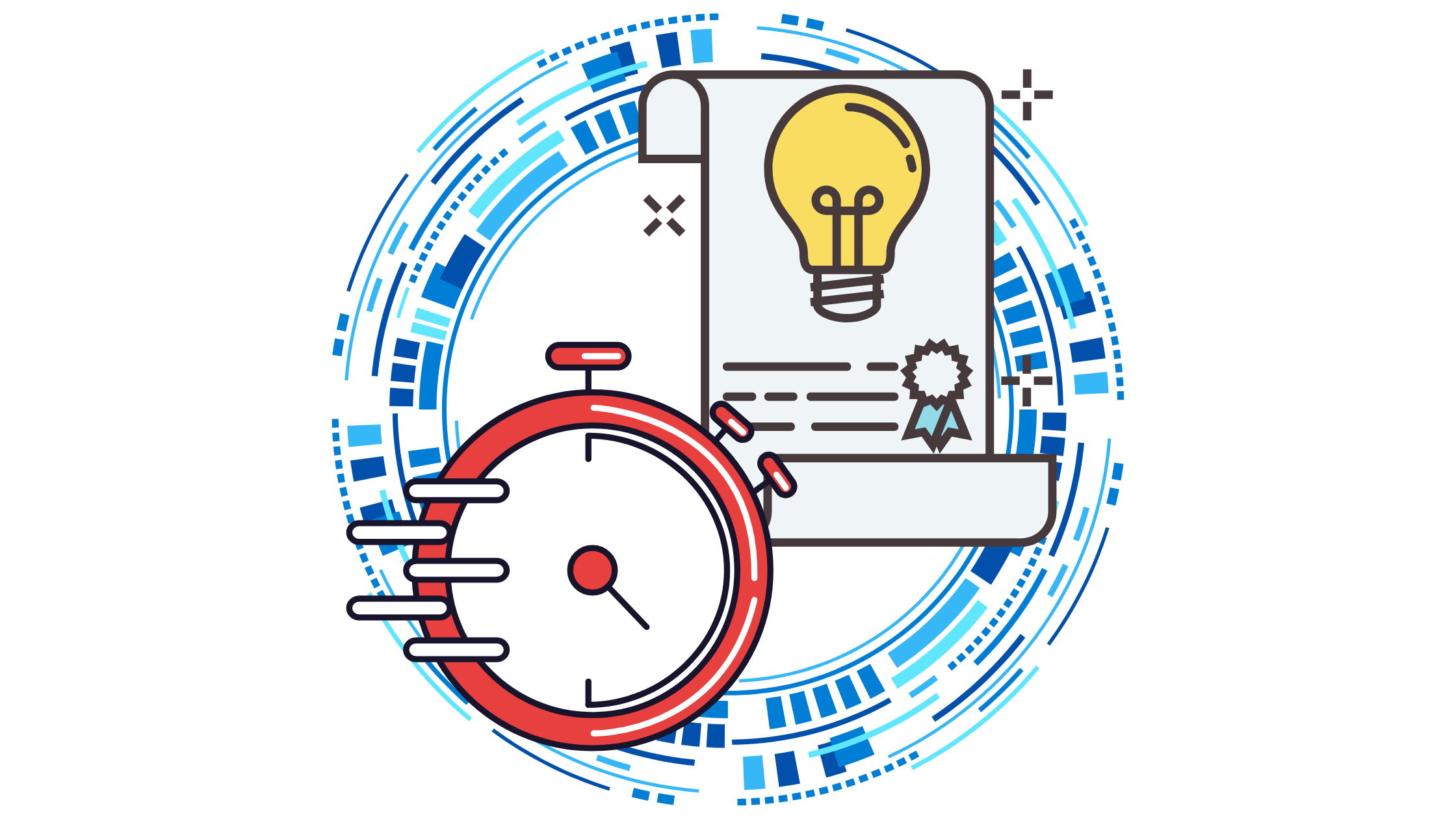 red stopwatch layered over a patent certificate with a blue circle design behind them