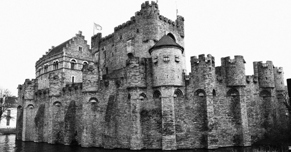 black and white photo of a stone fortress