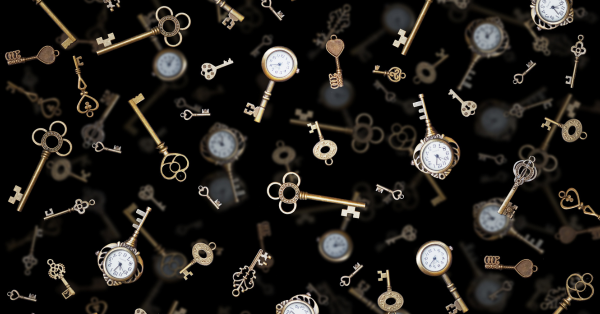 Keys with clocks floating on a black background